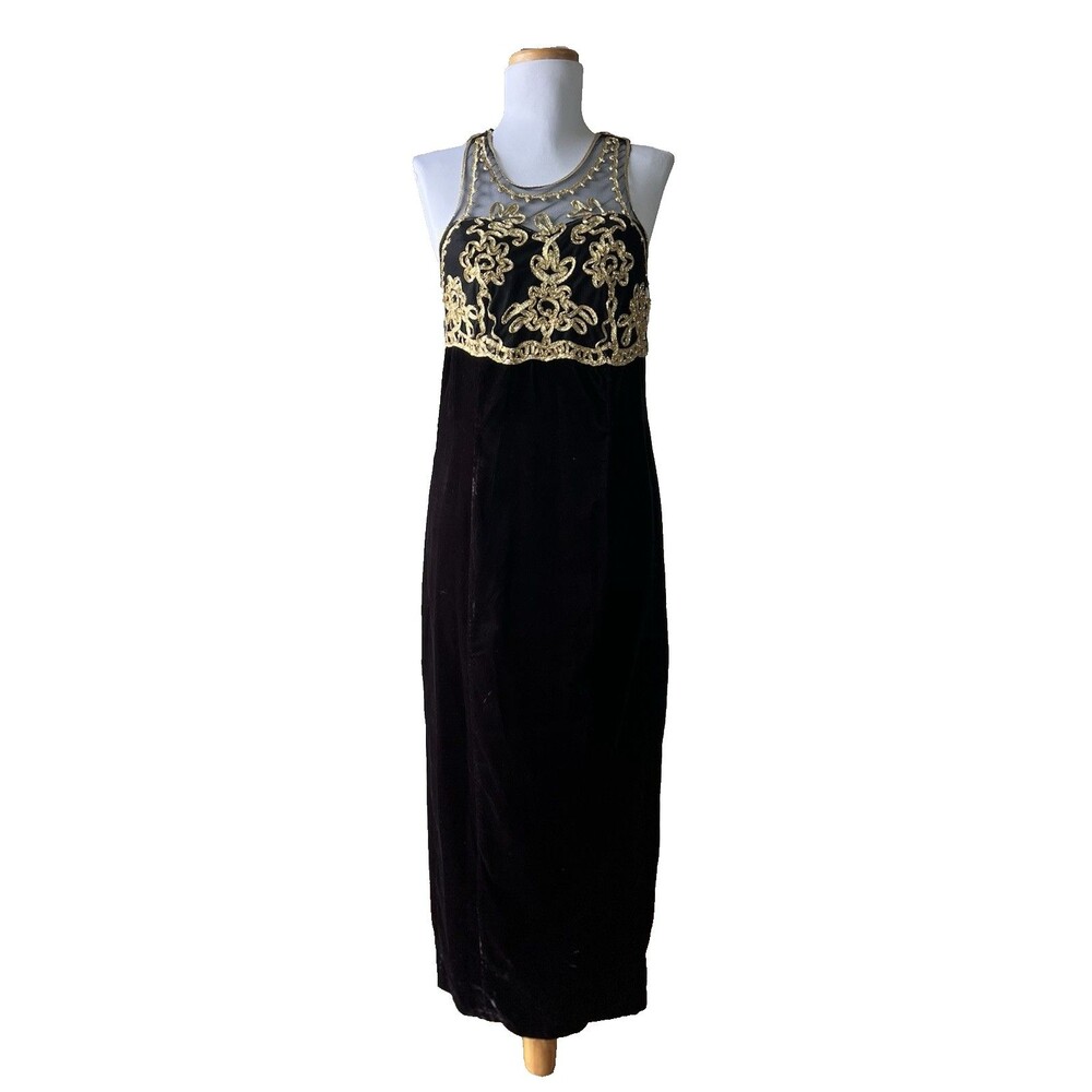Vintage Black Velvet Maxi Dress USA Gold Embroidered Sheer Yoke Sleeveless Large